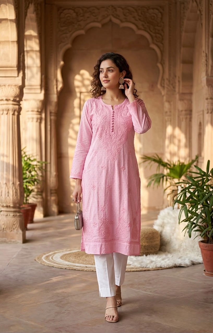 Lucknowi Chikankari Dobby Cotton Kurti