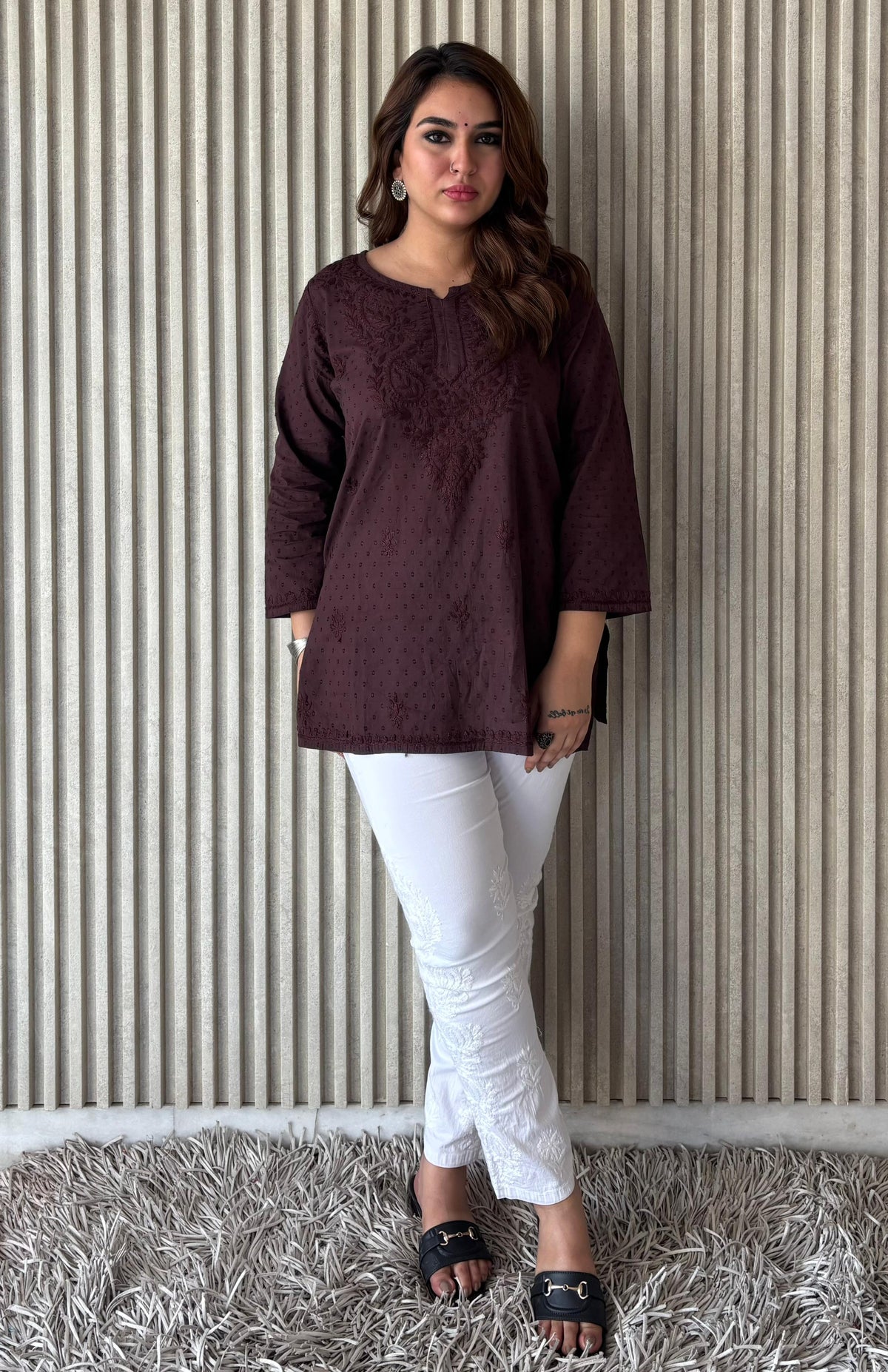 Dyed Dobby Cotton Chikankari Short Top & Heavy Embroidered Pant Combo