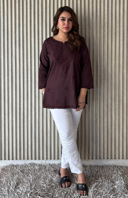 Dyed Dobby Cotton Chikankari Short Top & Heavy Embroidered Pant Combo