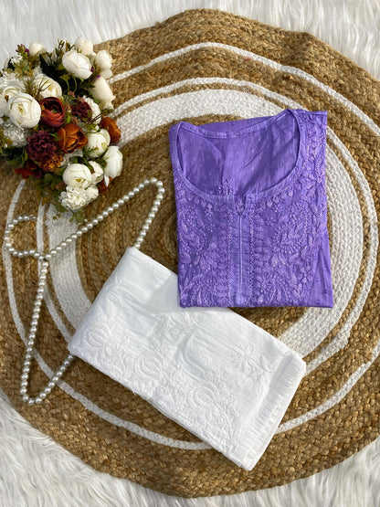 Dyed Dobby Cotton Chikankari Short Top & Heavy Embroidered Pant Combo