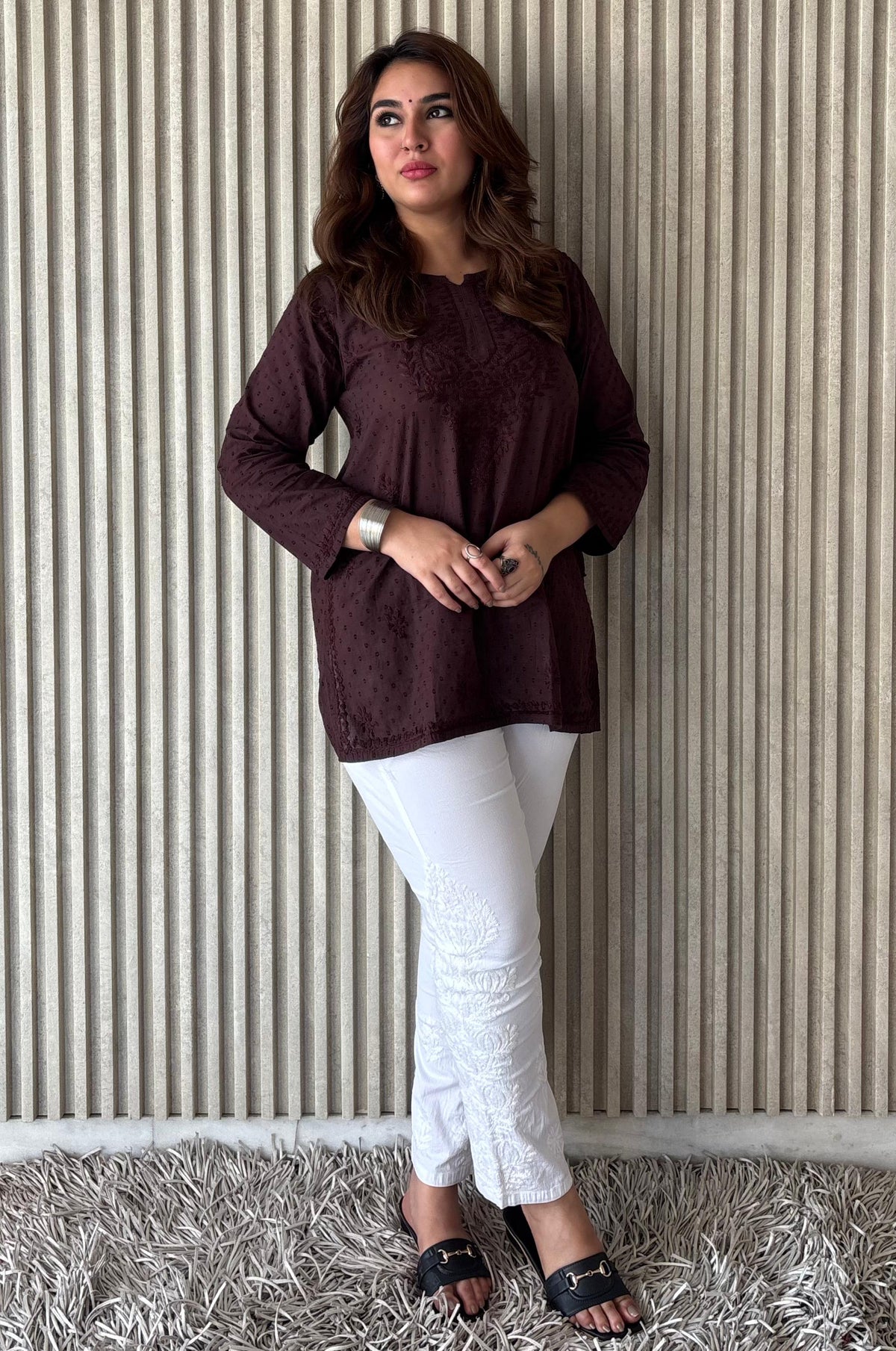 Dyed Dobby Cotton Chikankari Short Top & Heavy Embroidered Pant Combo