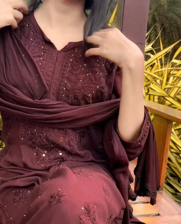 Brown Rayon Lucknowi Mukesh Chikankari Set with Dupatta