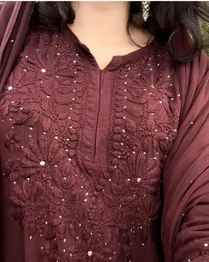 Brown Rayon Lucknowi Mukesh Chikankari Set with Dupatta
