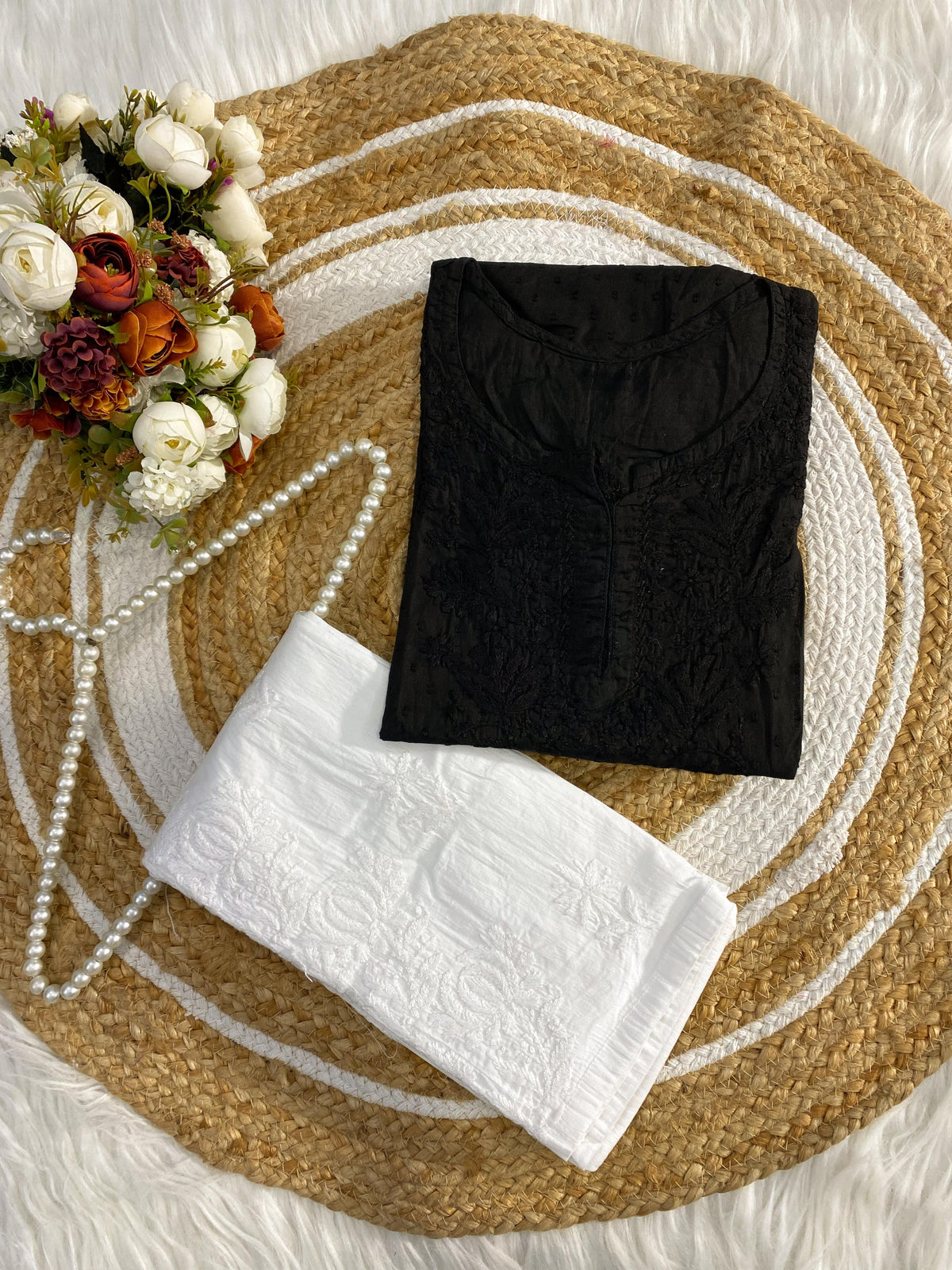 Dyed Dobby Cotton Chikankari Short Top & Heavy Embroidered Pant Combo