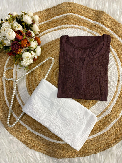 Dyed Dobby Cotton Chikankari Short Top & Heavy Embroidered Pant Combo