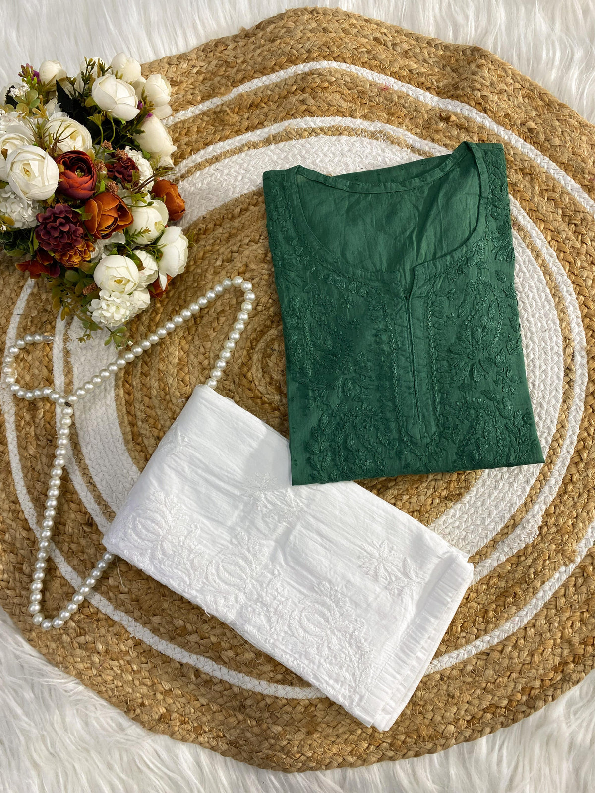 Dyed Dobby Cotton Chikankari Short Top & Heavy Embroidered Pant Combo