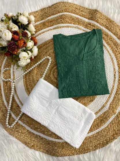 Dyed Dobby Cotton Chikankari Short Top & Heavy Embroidered Pant Combo